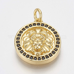 Brass Micro Pave Cubic Zirconia Pendants, with Jump Rings, Flat Round with Lion, Black, Golden, 17x15x5.5mm, Hole: 3mm