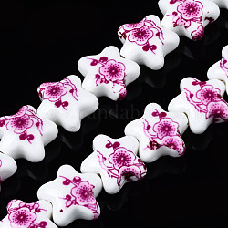 Handmade Porcelain Ceramic Beads Strands, Flower Printed, Star, Orchid, 15x16x8mm, Hole: 2.5mm, about 22pcs/strand, 12.4 inches(31.5cm)