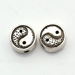 Brass Tai chi/Yin-yang Symbol Beads, Flat Round, Antique Silver, 10x5mm, Hole: 1mm