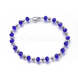 304 Edelstahl Perlen Armbänder, mit facettierten Glasperlen und Karabinerverschlüssen, Blau, 8-5/8 Zoll (22 cm)