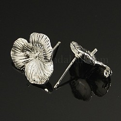 Brass Stud Earring Findings, with Loop, Lead Free & Cadmium Free & Nickel Free, Flower, Silver Color Plated, about 16mm in diameter, 17.5mm long, pin: 0.8mm, hole: 1mm