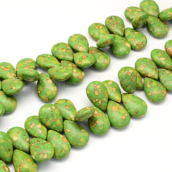 Fili di perle a goccia di turchese sintetico tinto, verde oliva, 25~26x17~18x9mm, Foro: 1~2 mm