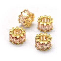 Perline europei zirconi, perline con foro grande, con accessori di ottone, colonna, vero placcato oro 18k, peachpuff, 10.5x6.5mm, Foro: 5.5 mm