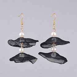Organza Fabric Dangle Earrings, with Golden Plated Brass Findings and Plastic Imitation Pearl, Black, 60mm, Pin: 0.6mm