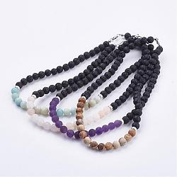 Colliers de perle en pierre gemme mate naturelle, avec des perles de pierre de lave naturelle et des fermoirs en laiton et des perles en alliage, 16.92 pouce (43 cm)