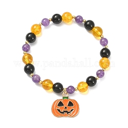 Bracelet extensible en perles rondes avec pierres précieuses naturelles mélangées, breloques en alliage d'émail et de citrouille pour halloween, colorées, diamètre intérieur: 2-1/8 pouce (5.5 cm)