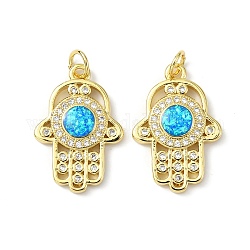 Brass Micro Pave Cubic Zirconia Pendants, with Synthetic Opal and Jump Ring, Hamsa Hand, Real 18K Gold Plated, 22x15x3mm, Hole: 3.5mm