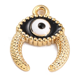 Golden Brass Enamel Pendants, Long-Lasting Plated, Evil Eye with Ox Horn, Black, 11.5x9x2mm, Hole: 1mm