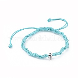 Bracelets de perles tressées coréennes réglables en cordon de polyester ciré unisexe, avec 304 bélière en tube inox, bleu profond du ciel, 2-1/4 pouce ~ 3-3/8 pouces (5.6~8.5 cm)