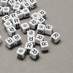Large Hole Acrylic Letter European Beads, Horizontal Hole, White & Black, Cube with Letter.R, 6x6x6mm, Hole: 4mm, about 2950pcs/500g