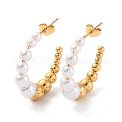 Placage ionique (ip) 304 boucles d'oreilles rondes en acier inoxydable, Boucles d'oreilles demi-créoles en perles de plastique pour femmes, or, 29~29.5x7mm