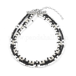 Круглые бусины многониточные ожерелья, многослойные ожерелья, со звеньями люстры из сплава, античное серебро, чёрные, 13.58 дюйм (34.5 см)
