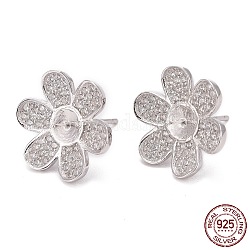 Accessoires pour boucles d'oreilles en argent sterling rhodié 925, avec zircons, pour la moitié de perles percées, fleur, clair, platine, 15.8x15.8mm, broche: 0.7mm et 0.75mm, Plateau: 5 mm