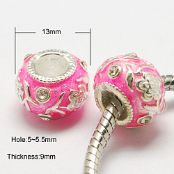 Alloy Enamel Beads, with Grade A Rhinestones, Large Hole Beads, Rondelle, Silver Color Plated, Hot Pink, 13x9mm, Hole: 5~5.5mm