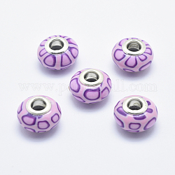 Handgemachte  europäischen Fimo-Perlen, mit versilberten Messingkernen, Großloch perlen, Rondell, Perle rosa, 13~16x8~11 mm, Bohrung: 4.5~5 mm
