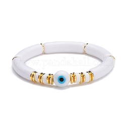 Evil Eye Lampwork Beads Stretch Bracelet, Chunky Tube Beads Bracelet, Polymer Clay Beads & Synthetic Hematite & Acrylic Bracelet for Women, White, White, Inner Diameter: 2-1/8 inch(5.4cm)