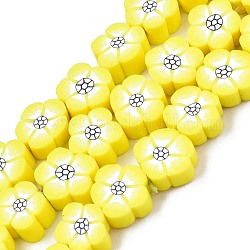 Chapelets de perle en pâte polymère manuel, fleur, jaune, 8~10.5x8~10x4~5mm, Trou: 1.2mm, Environ 36~39 pcs/chapelet, 12.40 pouce ~ 14.17 pouces (31.5 cm ~ 36 mm)