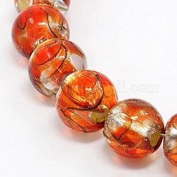 Perles en verre fait à la main feuille d'argent rondes de Murano brins, avec du sable d'or, rouge, 12mm, Trou: 2mm, Environ 23 pcs/chapelet, 9.84 pouce