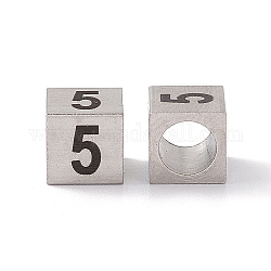 303ステンレス鋼ヨーロピアンビーズ  大穴ビーズ  番号の立方体  ステンレス鋼色  NUM。5  7x7x7mm  穴：5mm