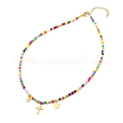 Collares de abalorios de vidrio mostacillas, collar con dijes de estrella y cruz, dorado, colorido, 15.35 pulgada (39 cm)