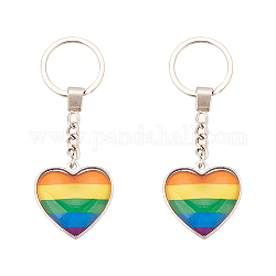 Dicosmetic 2pcs Pride Alloy Schlüsselanhänger, mit Eisenring und Glas, Herz mit Regenbogenmuster, Farbig, 10.05 cm