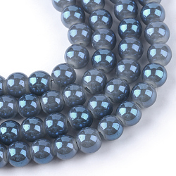 Abalorios de vidrio electroplate hebras, imitación de jade, arco iris chapado, redondo, acero azul, 7.5x8.5mm, agujero: 1 mm, aproximamente 104 pcs / cadena, 30.3 pulgada