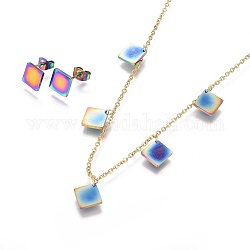 304 Stainless Steel Jewelry Sets, Cable Chains Pendant Necklaces and Stud Earrings, with Ear Nuts/Earring Back, Rhombus, Rainbow Color, 16.6 inch(42.2cm), 1.5mm, Diagonal Length: 10.5x10.5x1mm, Side Length: 7.5x7.5x1mm, Pin: 0.7mm