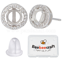 Beebeecraft 1 Pair Rhodium Plated 925 Sterling Silver Studs Earrings Finding, with Cubic Zirconia, Flat Round Earring Settings, with 2Pcs Plastic Ear Nut, with S925 Stamp, Platinum, 15.5mm, Tray: 4mm