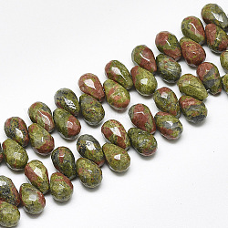 Natur Unakit Perlen Stränge, oben gebohrte Perlen, facettiert, Träne, 9~9.5x6 mm, Bohrung: 0.8 mm, ca. 44 Stk. / Strang, 7.6 Zoll
