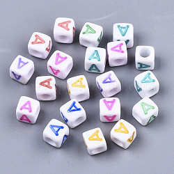 Opaque White Acrylic Beads, with Enamel, Horizontal Hole, Cube with Mixed Color Letter, Letter.A, 6x6x6mm, Hole: 3mm, about 2900pcs/500g