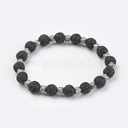 Stretch Bracelets, with Electroplate Non-magnetic Synthetic Hematite Beads and Natural Lava Rock Beads, Platinum Plated, 2-1/8 inch(5.5cm)