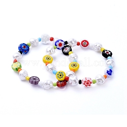 Bracelets élastiques, avec des perles en verre de graine, perles d'imitation en plastique et perles de verre millefiori faites à la main, colorées, diamètre intérieur: 2-1/8 pouce (5.3 cm)