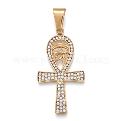 304 Stainless Steel Pendants, with Crystal Rhinestone, Ankh Cross with Eye of Horus, Golden, 49x26x5mm, Hole: 6x12mm