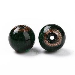 Perles vernissées de sable d'or manuelles , ronde, vert foncé, 14.5x13.5~14mm, Trou: 1.6~2mm