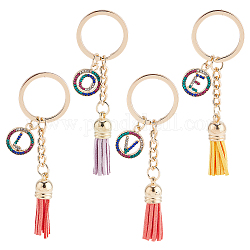 Wadorn 4 pièces 4 styles alliage coloré strass porte-clés, avec porte-clés et pendentifs pompons en laine, or clair, plat rond avec la lettre, couleur mixte, 88~9 cm, 1pc / style