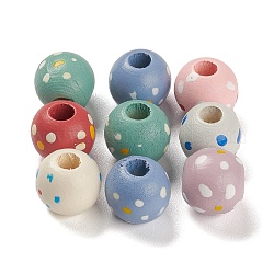 Perles européennes en bois d'érable naturel peintes à la bombe, Perles avec un grand trou   , rond à pois, couleur mixte, 14x13mm, Trou: 5mm, environ 595 pcs/500 g