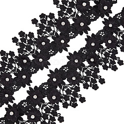 Bordure en dentelle de polyester, avec strass cristal, floral, noir, 3-3/8 pouce (85~90 mm), environ 1.09 yards (1 m)/rouleau