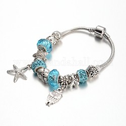 Alloy Rhinestone Bead European Bracelets, with Glass Beads and Brass Chain, Deep Sky Blue, 190mm