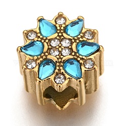304 perline europei in acciaio inox, perline con foro grande, con strass, fiore, cielo blu profondo, oro, 11x7.5mm, Foro: 4 mm