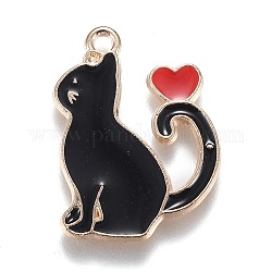 Pendente smaltati in lega, gattino con cuore, nero, 25x20x1.5mm, Foro: 2 mm