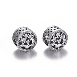 Creux 925 perles européennes en argent sterling, Perles avec un grand trou   , avec zircons, sculpté avec 925, plat et circulaire avec étoile, argent sterling thaï plaqué, 11x8.5mm, Trou: 4.5mm
