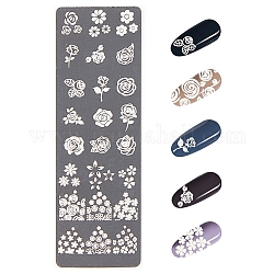 Plaques d'estampage d'art d'ongle en acier inoxydable, modèles d'image d'ongle, rectangle avec motif de fleurs, couleur inoxydable, 120x40mm