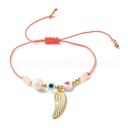 Bracelet de perles tressées en acrylique cœur et mauvais œil pour adolescente femme, bracelet à breloques en alliage d'aile avec des perles de jade de malaisie naturelle (teintes), or, jaune clair, diamètre intérieur: 5/8~3-3/8 pouce (1.6~8.6 cm)