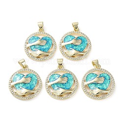 Rack Plating Brass Micro Pave Clear Cubic Zirconia Pendants, with Synthetic Opal, Cadmium Free & Lead Free, Long-Lasting Plated, Real 18K Gold Plated, Flat Round, Flat Round, 23x20.5x3.5mm, Hole: 5.2x3.5mm