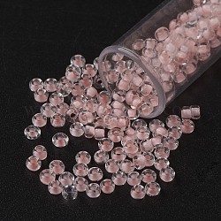 11/0 grade a perles de rocaille en verre transparent, couleur à l'intérieur , rose brumeuse, 2.3x1.5mm, Trou: 1mm, environ 5300 pcs/50 g