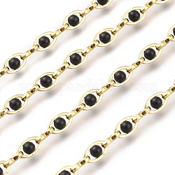 Brass Handmade Beaded Chains, with Glass Pearl Beads and Spool, Soldered, Long-lasting Plated, Golden, Black, Glass Beads Links: 7x4x0.6mm, Links: 6x2x1mm, about 32.8 Feet(10m)/roll