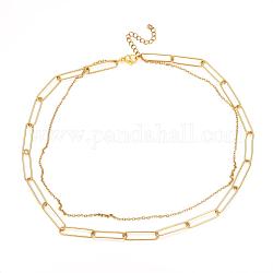 304 Stainless Steel Double Layer Necklaces, Cable Chains & Paperclip Chains Necklaces, with Lobster Claw Clasps, Golden, 15.20 inch(38.6cm)