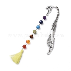Tibetan Style Alloy Bookmarks, with Gemstone Beads Chains, Cotton Thread Tassel Pendant Decorations, Mermaid, Yellow, 165mm