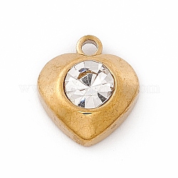 304 Stainless Steel Pendants, with Rhinestone, Heart, Golden, Crystal, 10.5x9.5x4mm, Hole: 1.4mm