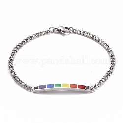 Regenbogen-Pride-Armband, Emaille-Rechteckstab-Gliederarmband für Männer und Frauen, Platin und Edelstahl Farbe, 7-1/4~7-3/8 Zoll (18.5~18.8 cm)